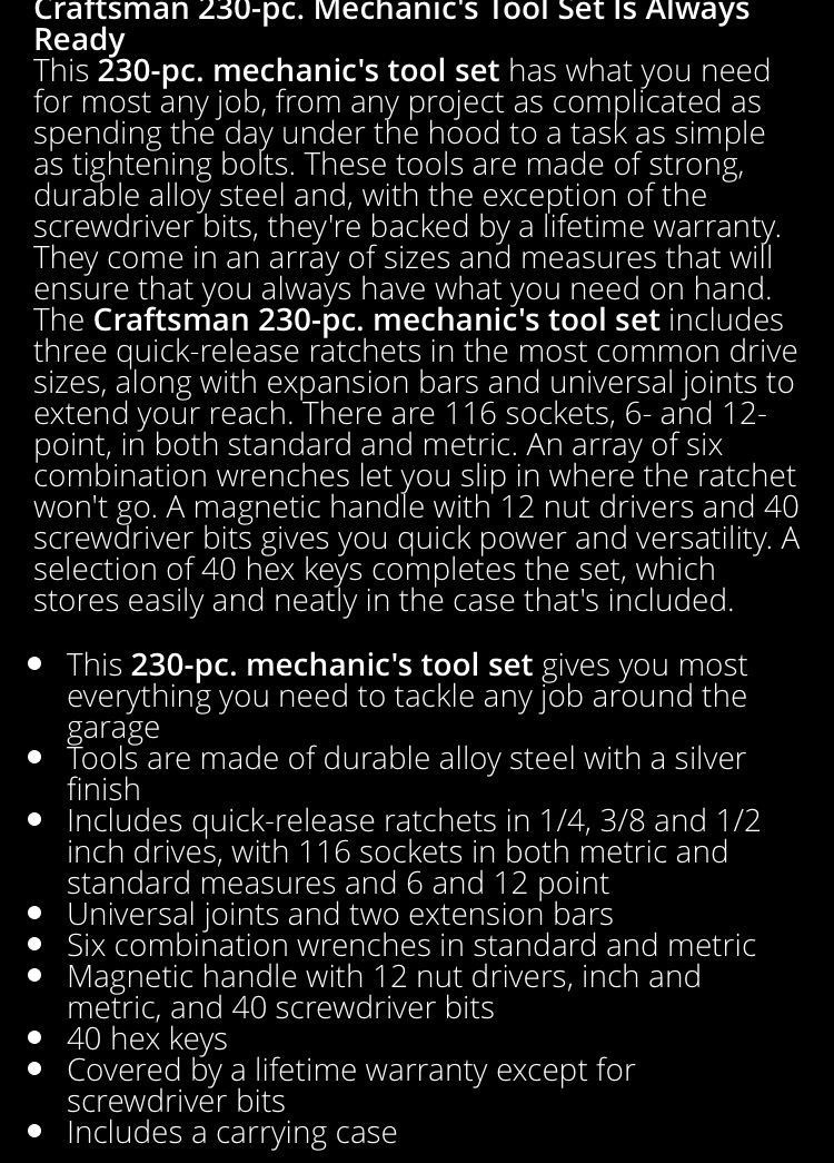 ชุดเครื่องมือ craftsman 230 ชิ้น