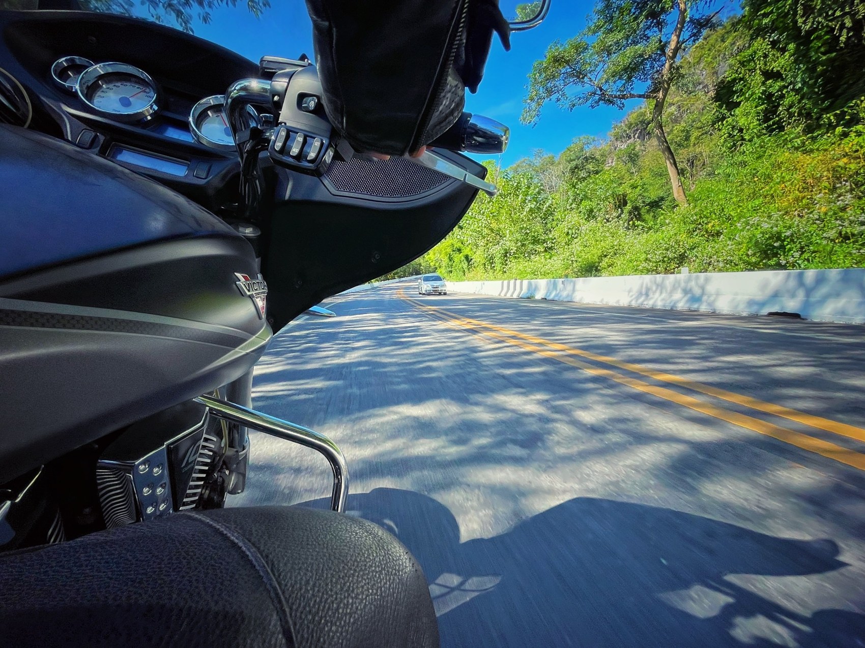 Leg coverage in the seated riding position.