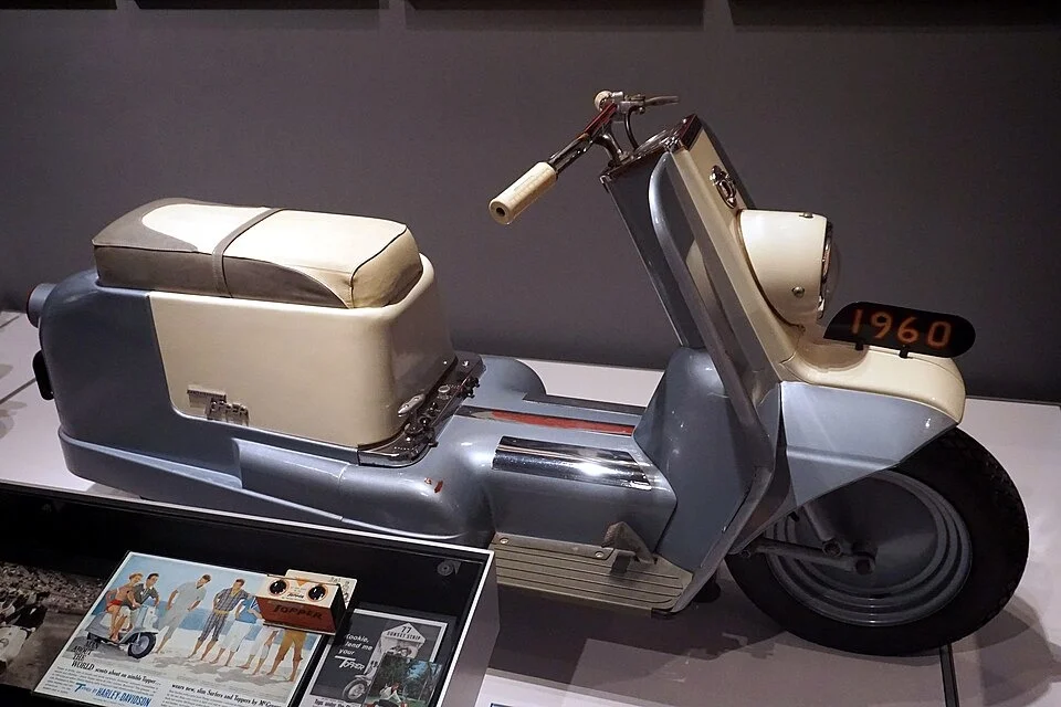 A complete 1960 Topper, Harley-Davidson’s two-stroke scooter.