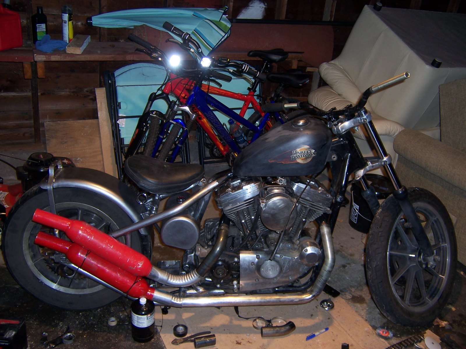 A bobber under construction in Benjamin Dickinson’s garage — photographed in 2008