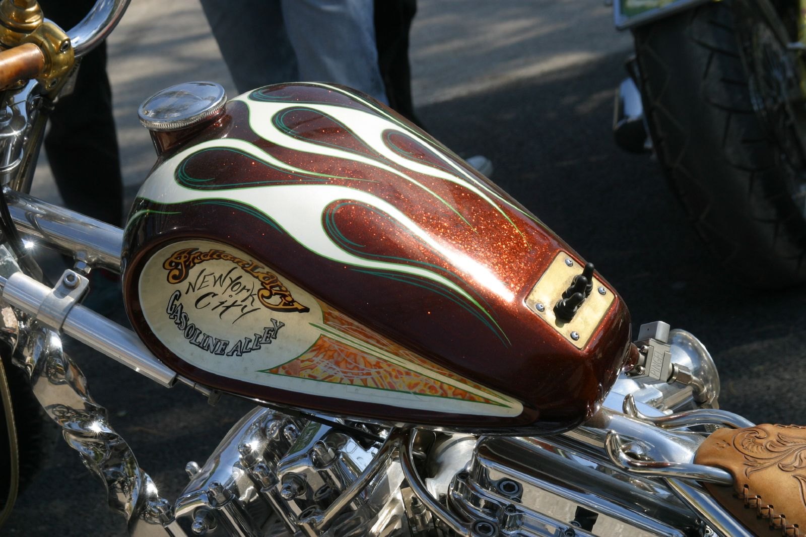 Fuel tank and twisted frame tubing on Wild Child — Indian Larry’s 2003 Biker Build-Off motorcycle